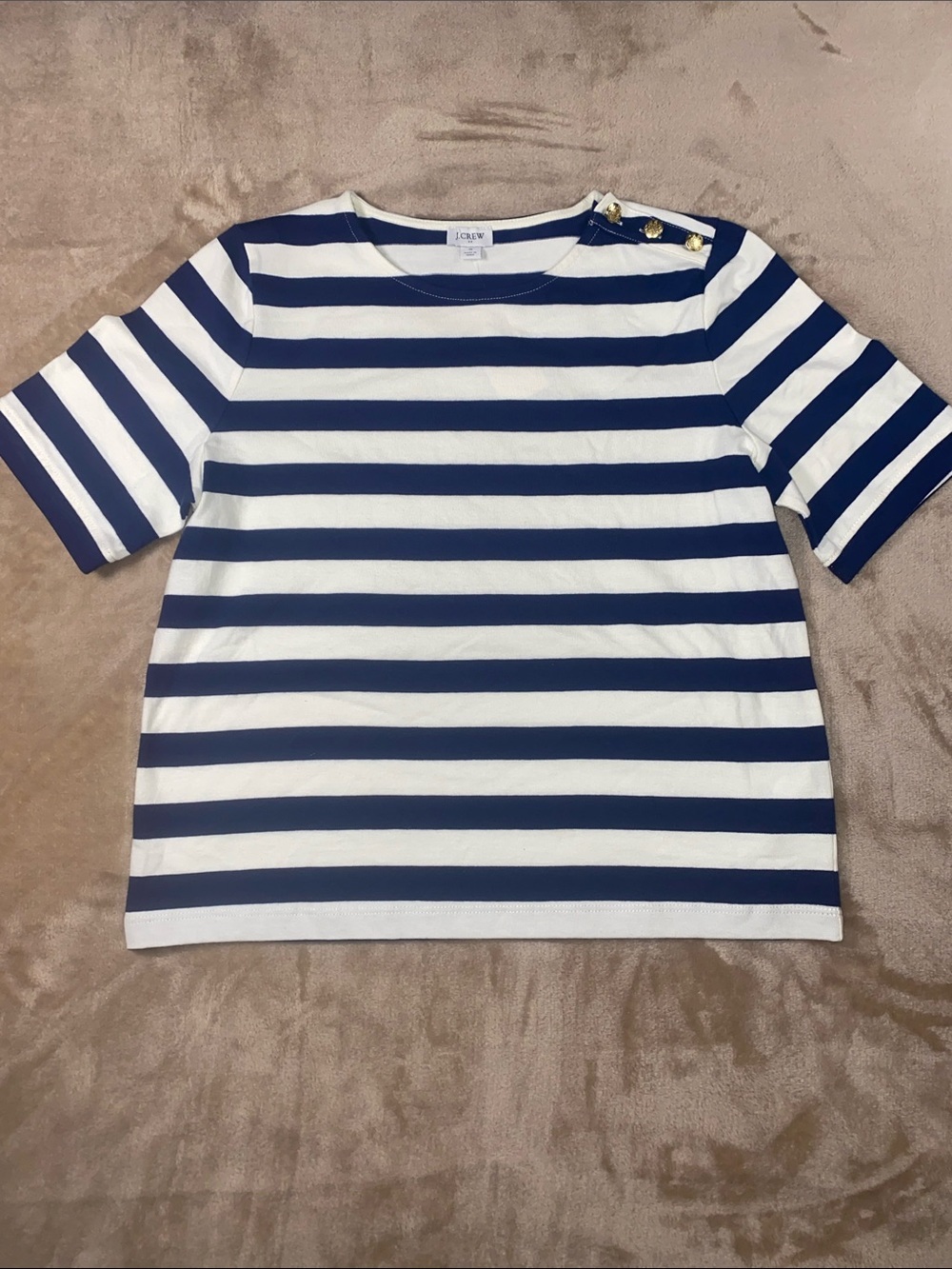 J. Crew Blue and White Striped Boatneck Top with Gold Shoulder Buttons
